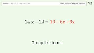 Linear equation with one unknown: Solve 2x+2(3x-6)=10-6x step-by-step solution