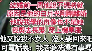 結婚前一周他說不想將就，原因是他的白月光剛剛離婚，他說我學的再像也不是她，我剪去長髮 穿上機車服，他又說我不女人 沒人要回來吧，可電話裏：我老婆洗澡 有事嗎【顧亞男】【高光女主】【爽文】【情感】