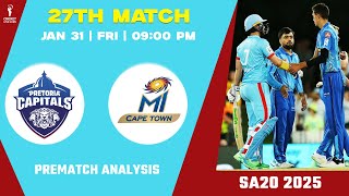 SA20 2025: PC vs MICT 27th Match PREDICTION, MI vs PC Playing 11, SA20 2025 27th Match Prediction