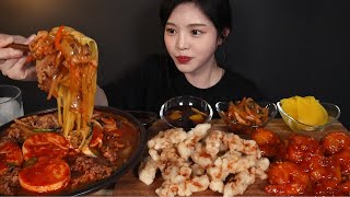 SUB)Soft Tofu(Sundubu) Beef Brisket Jjamppong, Tangsuyuk, Chili Shrimp Mukbang ASMR Eating Sounds