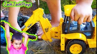 Kids Playing: Construction Truck Toys at Pond - Backhoe Toy in Action