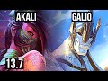 AKALI vs GALIO (MID) | Quadra, Legendary, 400+ games, 15/3/4 | KR Master | 13.7