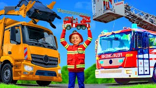 Kids Play with a Real Garbage Truck, Excavator & Fire Trucks