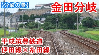 金田分岐 平成筑豊鉄道 伊田線×糸田線　非電化の複線と単線が約1㎞にわたって並走する分岐。　2020年4月見学