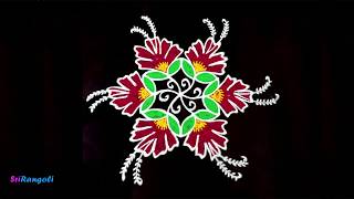 Simple \u0026 Beautiful 5 Dots Daily Rangoli | 5x3 Dots Hibiscus Rangoli | Small Daily Flower Rangoli