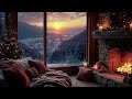 cozy evening in a snowy cabin crackling fireplace blowing wind u0026 sunset view 🌨️✨