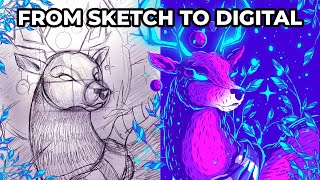 Illustration Process - Drawing on Paper and Painting in Adobe Illustrator - Christmas Speed Art