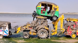 Muddy Auto Rickshaw  Tractor Help Jcb  Water Jump Muddy Cleaning  Tractor Video  Mud Toys@DiyTractor