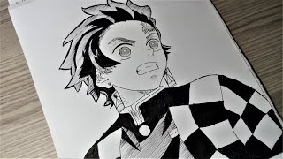 How to draw Tanjiro Kamado step by step (black and white)___رسم تانجيرو كامادو