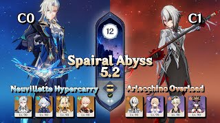 Genshin Impact Abyss 5.2 Neuvillette C0 Hypercarry & Arlecchino C1 Overload | Floor 12 9 Stars