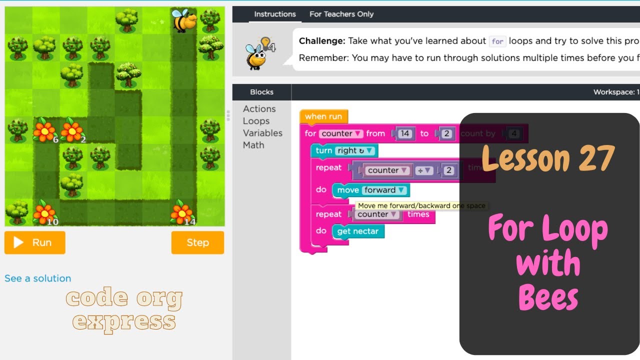 Code Org Express Course Lesson 27 For Loops With Bees - YouTube