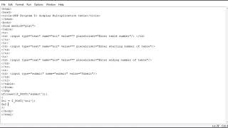 PHP Program To display Multiplication table