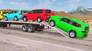 Double Flatbed Trailer vs Mega Speedbumps – Train vs Cars \u0026 Tractor Crash | BeamNG.Drive