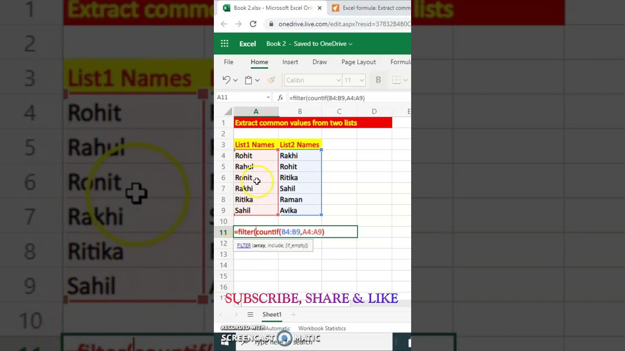 Extract common values from two columns in excel  excel tutorial  #shorts