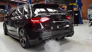 Audi RS3 Hatchback Pop Bang Revs w/ ARMYTRIX Secondary Decat Pipe \u0026 APR Tuned