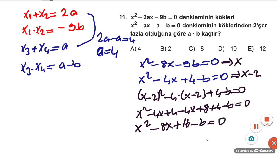 12+B MEB MATEMATİK KAZANİM TESTİ İKİNCİ DERECEDEN DENKLEMLER TEST 3 ...