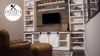 How To Make A Sliding Barn Door Entertainment Center | Faux Barn wood \u0026 Floating Shelf