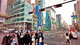 [4k] It's snowing Hongdae Yeontral Park.stroll Seoul Korea  갑자기 눈오는 연남동binaural city sound