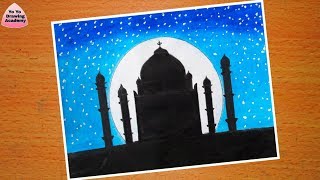Taj Mahal Moonlight Scenery Drawing with Oil Pastels - step by step