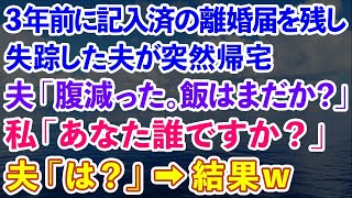 【スカッとする話】3年前に記入済みの離婚届を残し失踪した夫が突然帰宅「あー腹減った。飯はまだ？」私「あなた誰ですか？」→夫「は？」結果www【修羅場】【総集編】