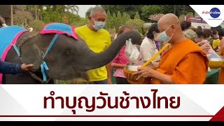 ช้างแสนรู้ 35 เชือก ทำบุญตักบาตรวันช้างไทย