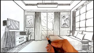 Drawing A Bedroom in One Point Perspective | Timelapse