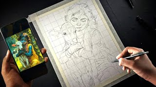 Janmashtami Special Little Krishna Drawing With Cow //  Detaied Outline Tutorial 🔴