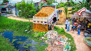 Nicely New Project Delete Pond!! Bulldozer Komat'su D20A Pushing Stone, 5Ton Truck Spreading Stone