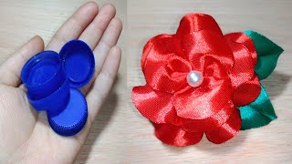 Amazing Ribbon Flower Trick Using Bottle Cap-How to Make Ribbon Flower/Hand Embroidery Ribbon Flower