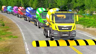 Flatbed Trailer Cars Transportation with Truck - Speedbumps vs Cars vs Train - BeamNG.Drive #012