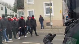 Rot-Weiss Essen hooligans confronts riot Police before match against Schalke 26.02.2022.