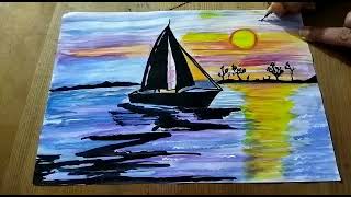 Sailboat sunset seascape Poster colour  painting|Simple poster colour  tutorial for beginners.