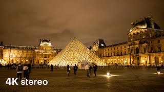 Walking in Paris – Night View of the Louvre Museum (4K, Stereo Sounds)