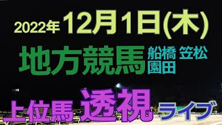 【地方競馬ライブ（馬番透視）】12/1（木） 船橋競馬 笠松競馬 園田競馬 の馬券に絡む馬番を透視し配信します。穴馬探しや大穴馬券ゲットにお役立て下さい。