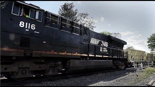 Rare GREX Ballast dump train and LORAM Ballast Cleaner SBC-33, with horn, Harrisburg, Pa.