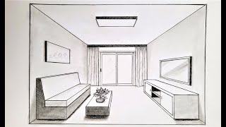 How to draw a living room in one point perspective step by step for beginners