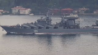 Russian Navy Cruiser MOSKVA \u0026 Frigate ADMIRAL ESSEN transit Istanbul towards Black Sea - Jul 5, 2021