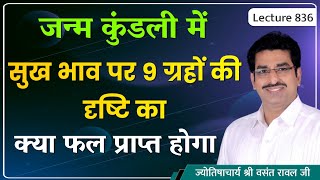 चौथे भाव#सुख भाव पर सूर्य,चंद्र,मंगल,बुध,गुरु,शुक्र,शनि,राहु,केतु ग्रह की द्रष्टि का फल lecture 836