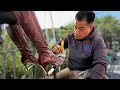 It's CHERRY SEASON! Long Cherry Boots ⭐ Street Shoe Shine By Francisco 🇲🇽  Mexico City ASMR SOUNDS