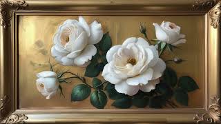 Vintage White Roses Oil Painting 💐 | Gold Framed Art Screensaver | Wallpaper For TV, Desktop | 4K