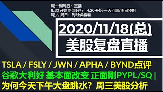 美股直播11/18 (总) TSLA / FSLY / JWN / APHA / BYND点评谷歌大利好 基本面改变 正面刚PYPL/SQ |为何今天下午大盘跳水？周三美股分析