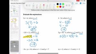 Evaluating Expressions Notes M7