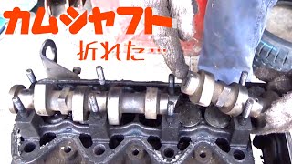 カムシャフトが折れた？！オイルラインに沿ってポッキリ　日産機材バックホーに載っていたいすゞ製三気筒エンジン　油圧ショベル　機械小僧さんち訪問2020