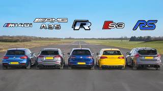 AMG A35 v  BMW M140i  v Golf R v Audi S3 v Focus RS - DRAG RACE, ROLLING RACE & BRAKE TEST