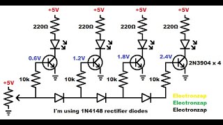 More LEDs light up as voltage rises using 2N3904 NPN BJTs based on a circuit by Bornach