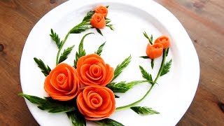 Carrot Rose Flower Decoration | Cucumber Leaf Carving Garnish