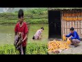 While the father did housework, the boy went into the forest to find fruit and saved the little dog