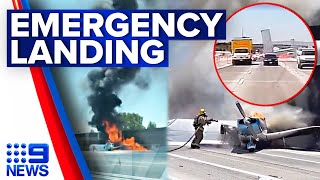 Plane crash-lands on US highway, bursting into flames | 9 News Australia