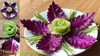 Cucumber Rose Flower Garnish With Purple Cabbage Leaf Designs
