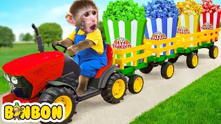 Monkey Binbon Challenge Cooking Rainbow Popcorn And Try Biggest Popcorn | Animal Monkey Binbon